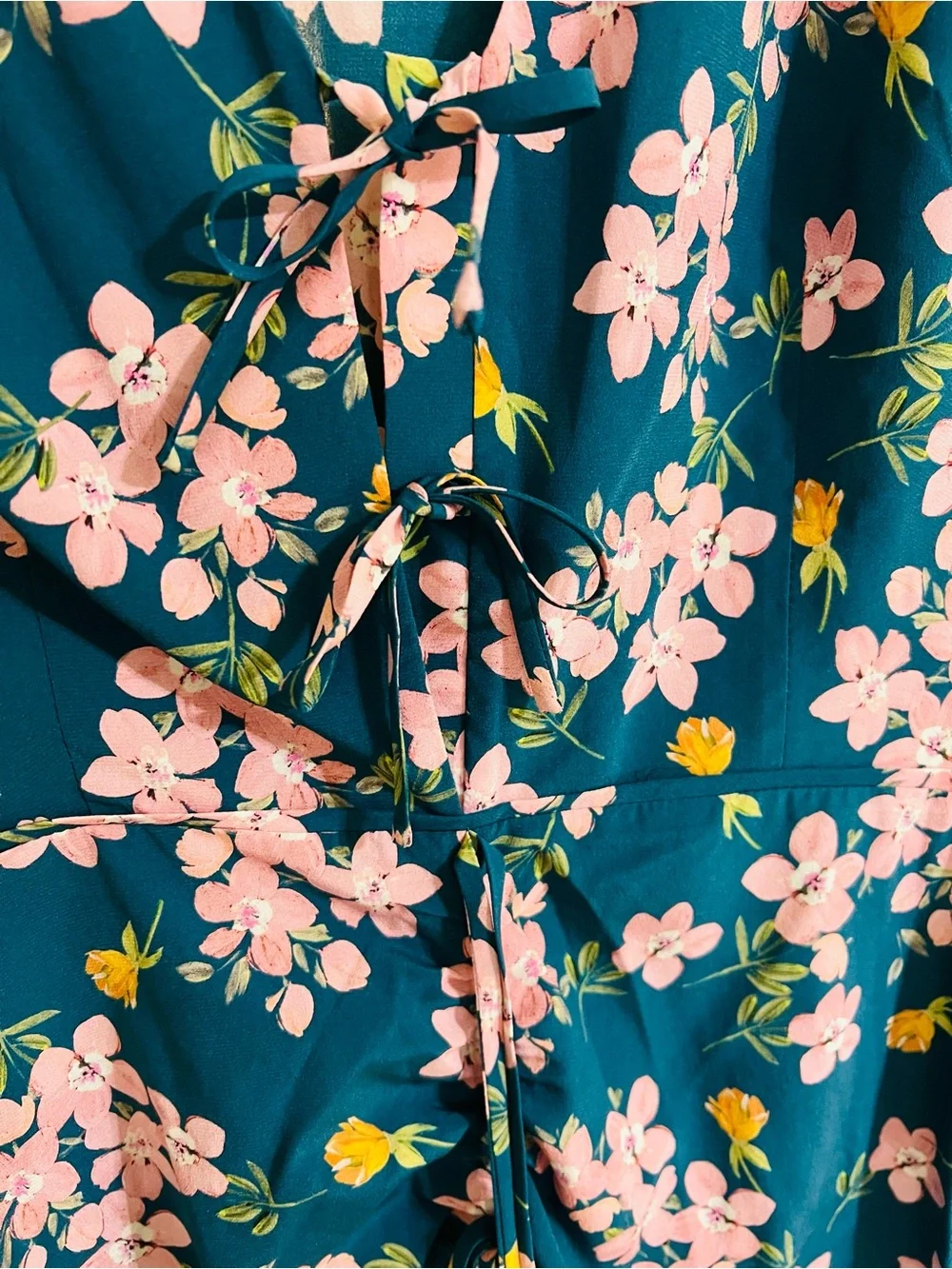 INTERMIX Teal Floral Ruched High-Low Silk Dress with Pink Blossoms